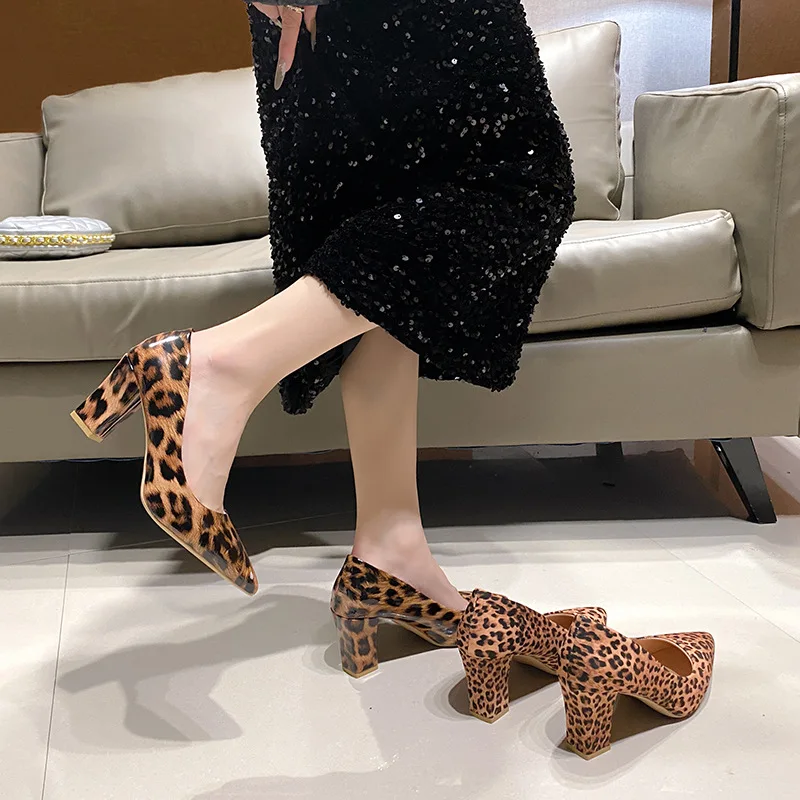 Woman Fashion Designer Leopard Pointed Toe Pumps Women Cloth/Leather Chunky High Heels Sexy Slip On Female Shoes Big Size 42