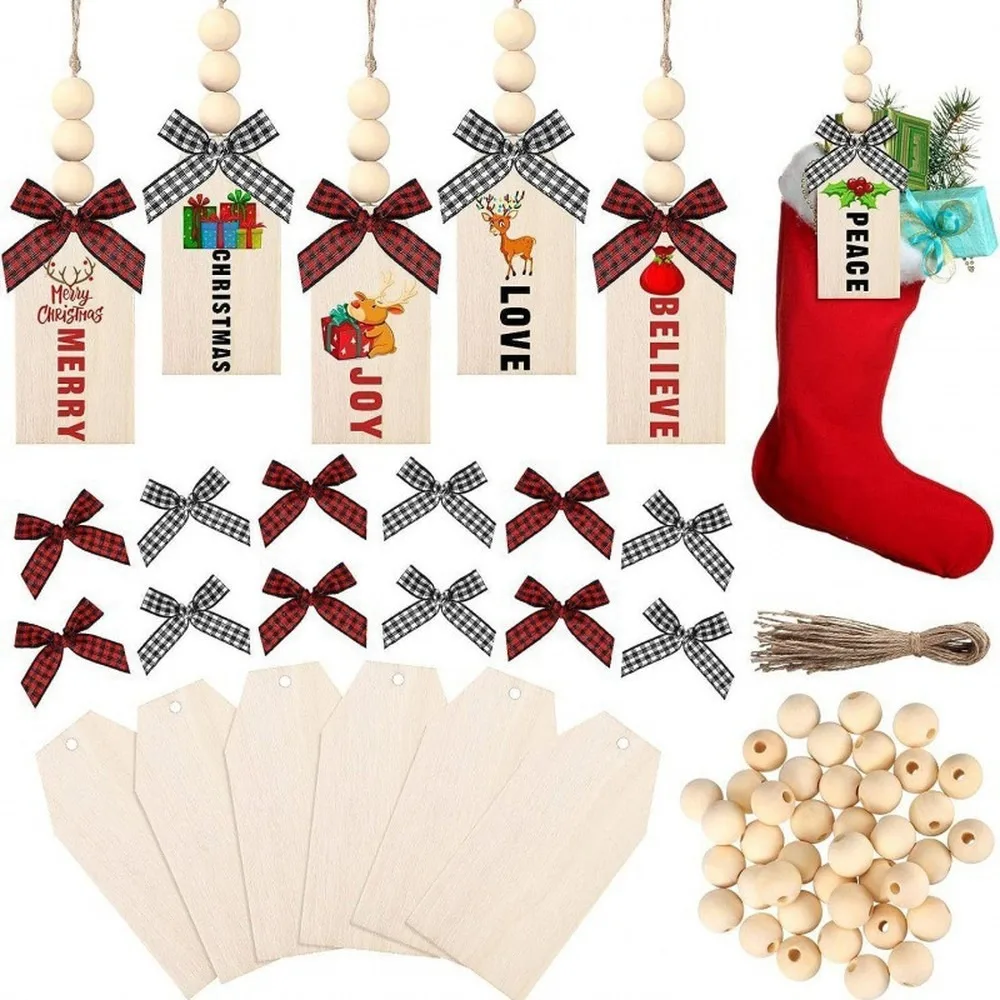 Natural Wooden Blank Christmas Tree Bow Hanging Sign DIY Unfinished Craft Ornament for Home Door Decor