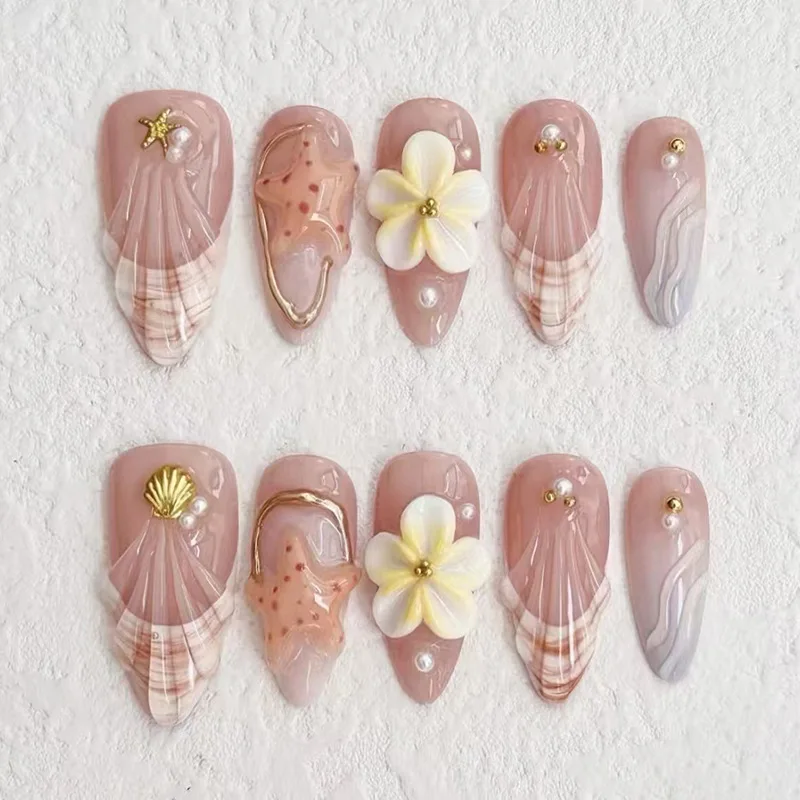 24 piezas de uñas postizas de verano en forma de almendra con flores, tortugas y estrellas de mar, longitud media, cubierta completa, coloridas, desmontables 6