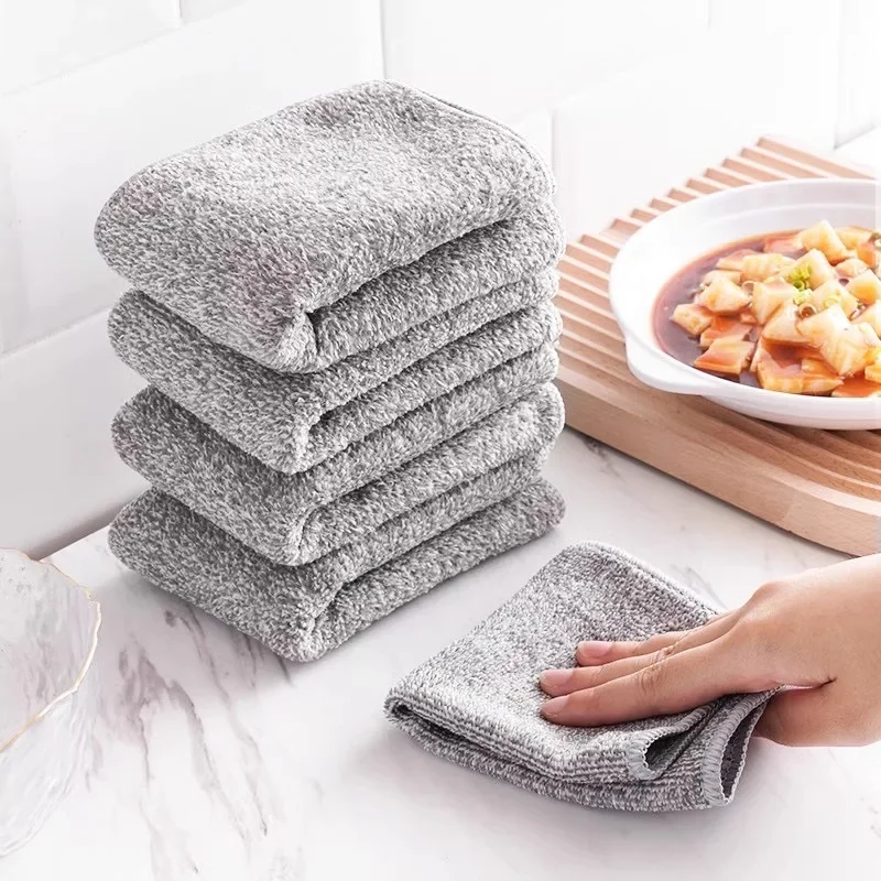 1 Roll (5pcs) Gray Bamboo Charcoal Dishcloth - Thickened Super Absorbent & Oil Resistant, Microfiber Kitchen Cleaning Cloths