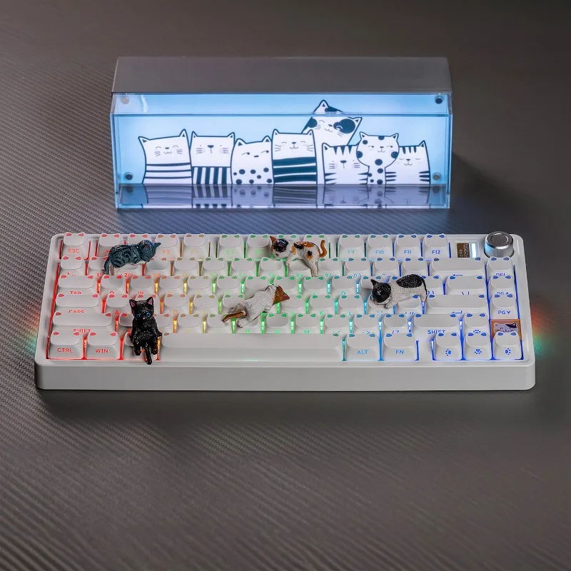 BJ75 Bluetooth Keyboard Customized RGB Tri-mode Transparent Cat Ears with Knob Ergonomic for E-sports Game Mechanical Keyboard