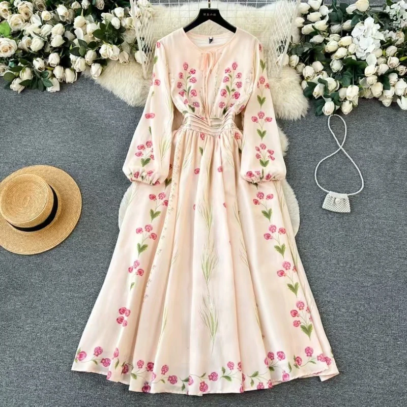

Long Dress Women Dresses Floral Print A Line Vestidos Round Neck Party Wedding Elegant High Waist Y2k Streetwear Summer 2025