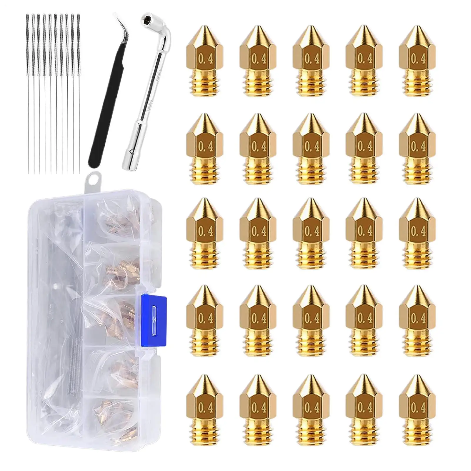

25 Pieces 3D Printer Nozzle 0.4mm Brass Wear Resistant 3D Printer Nozzle Tool Kit Mk8 Hot End Nozzles With Storage Box