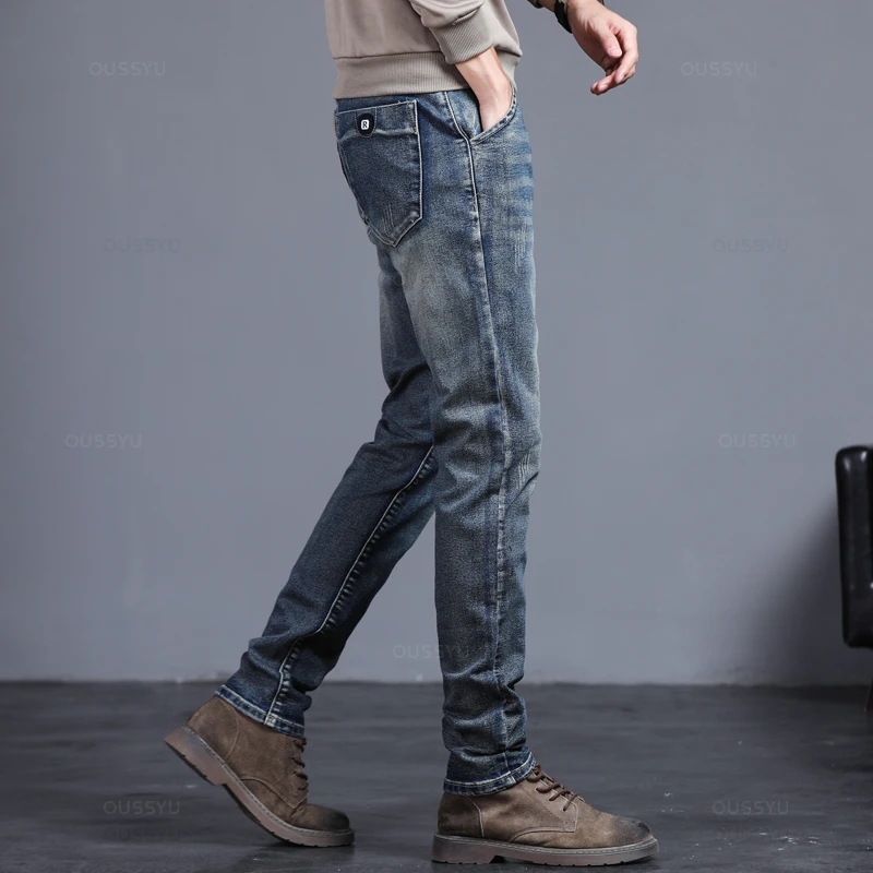 Primavera otoño hombres clásico moda gris Jeans Casual ajustado Vintage azul ropa de calle Biker fiesta pantalones largos hombre 27-36