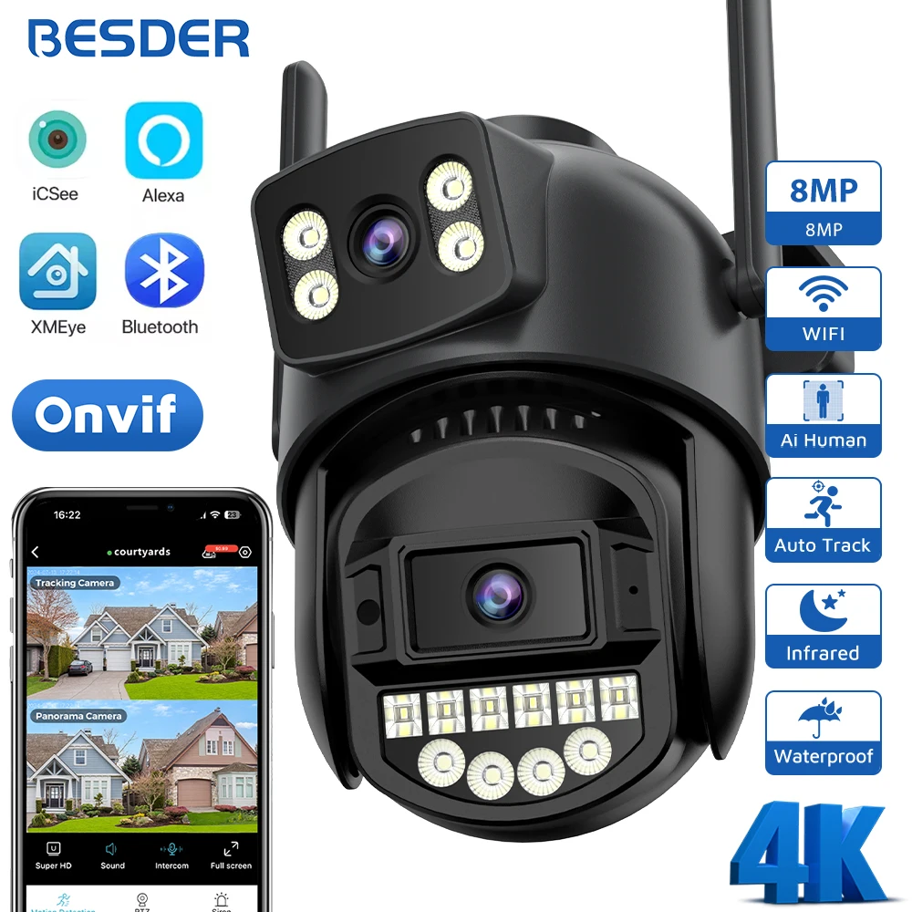 BESDER 8MP Wifi Camera PTZ Dual Screen Auto Tracking Color Night Vision Outdoor CCTV Camera IP 4K Security Protection iCSee App