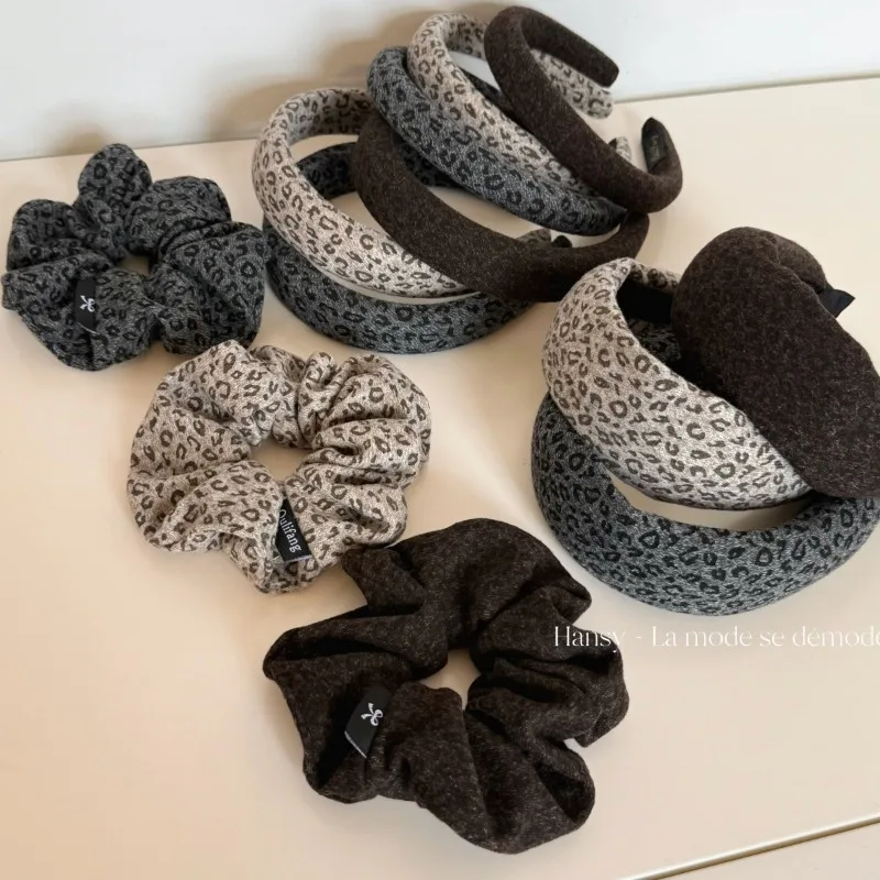Korean Leopard Print Hair Accessories, Velvet Scrunchies & Padded Headband, Elastic Hair Ties for Women Ponytail Holders