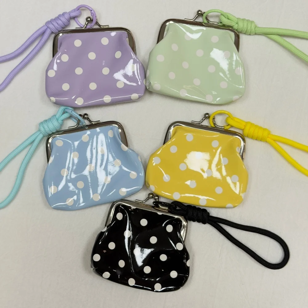 Polka Dot Kiss‑Lock Mini Coin Purse Braided Lanyard Keyring Glossy PU Small Pouch Bag Charm Korean Style For Earbuds Girls Gift
