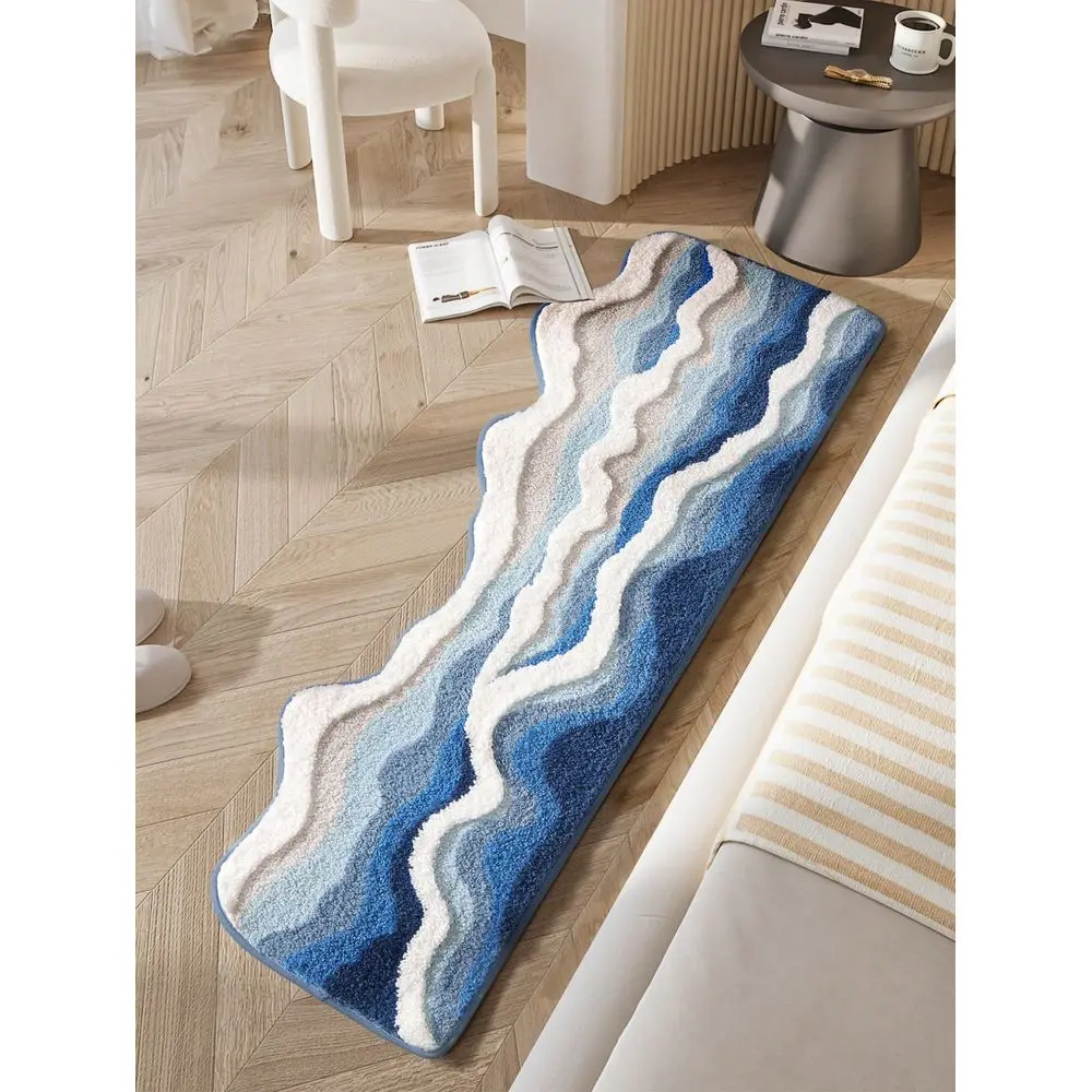 

1pc Flocked Polyester Material Asymmetrical Wave Beach Style NonSlip TPR Bottom Soft Absorbent Comfortable Washable Bath Mat, S