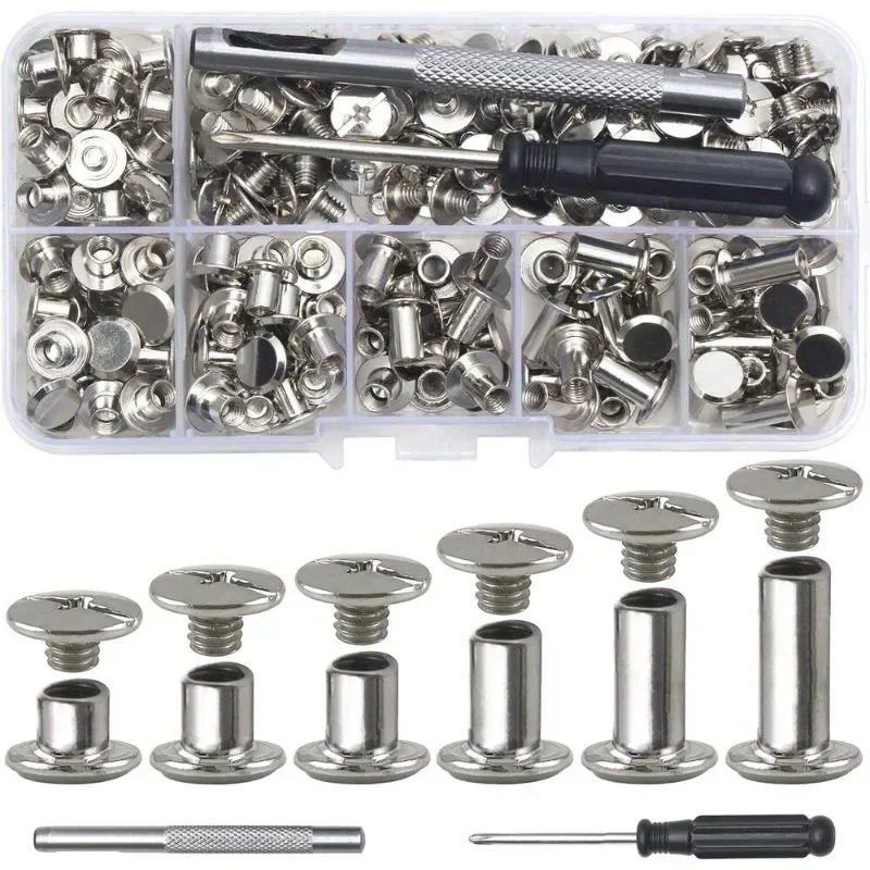 

110Pcs Chicago Screws with Tools Leather Metal Craft Flat Belt Screws Nail Rivets Account Books Screw Book Butt Binding Nails