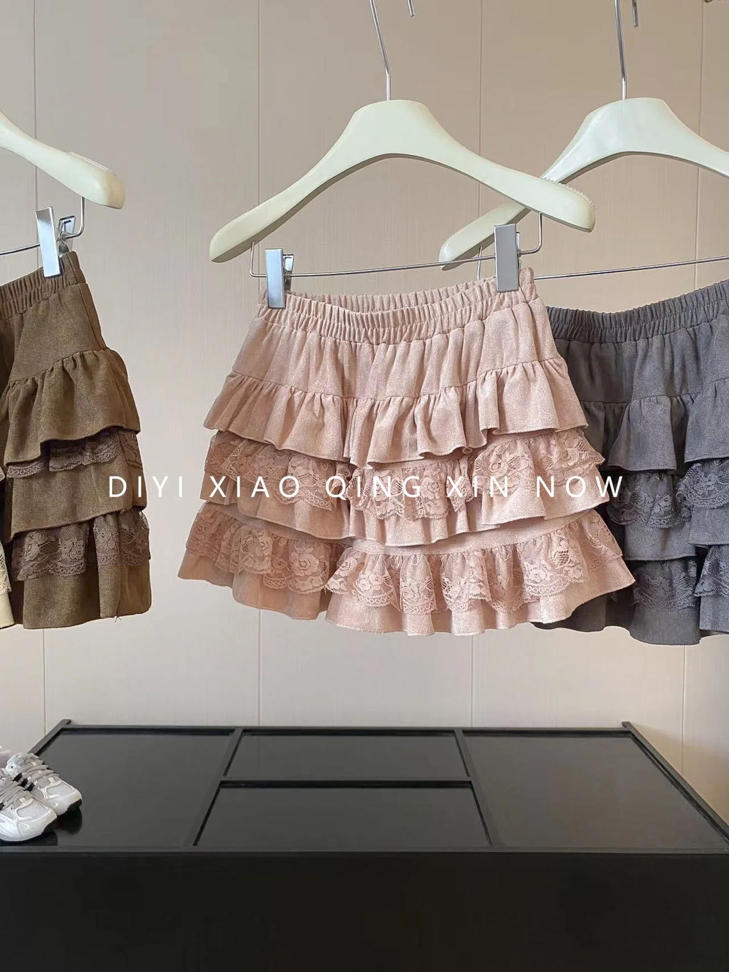 Retro DIYI Lace Layered Skirt Women's High Waist Elastic Waist Cake Skirt Style Half-length Skirt for Young Ladies