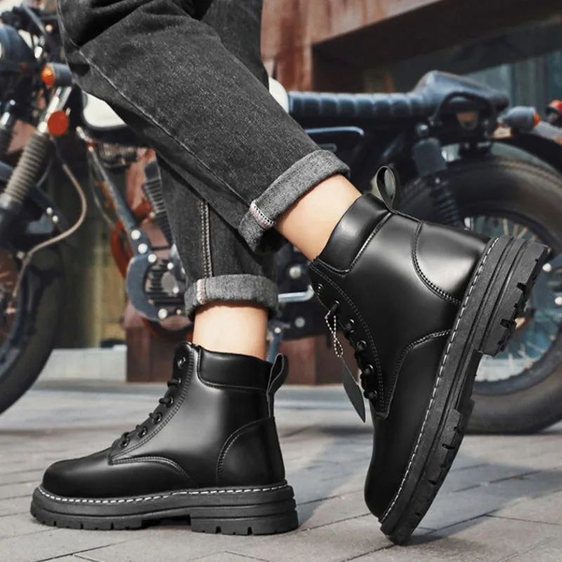 2025*High Top Boots Men's Leather Shoes Fashion Motorcycle Ankle Boots for Men Winter Boots Man Shoes Lace-Up Botas Hombre image 2
