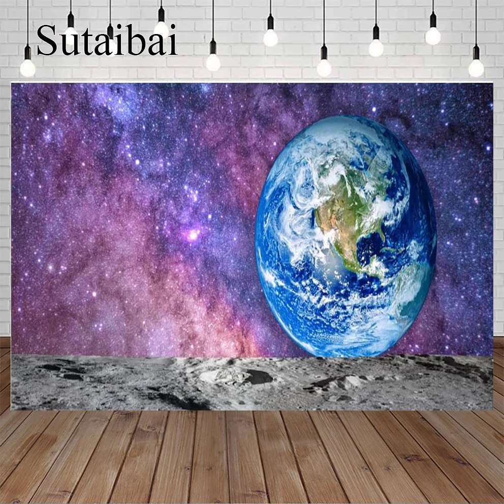 Lunar Surface Photography Backdrops Vast Universe Earth Planet Photo Background Starry Sky Kids Birthday Party Banner Backdrop