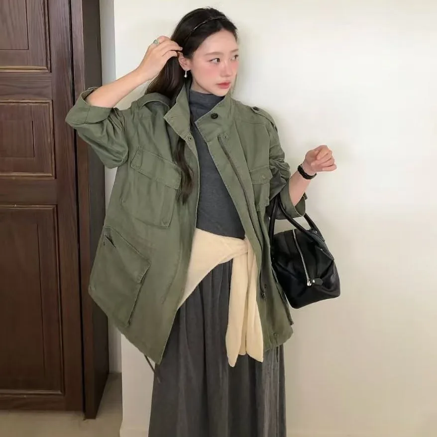 SuperAen Korean-style Autumn and Winter New Design Army Green Safari-style Coats Fashion Three-dimensional Pocket Jackets