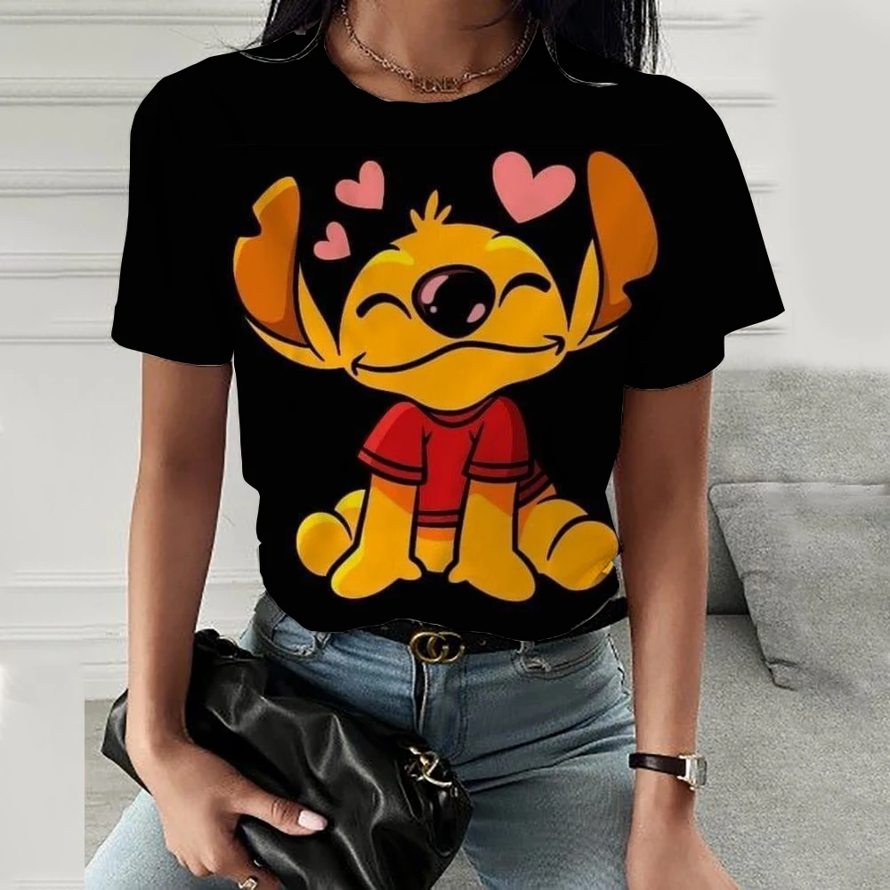 Mickey Mouse Stitch Print T-shirts Tops for Women Lady Summer Children T-shirts Casual O-neck Ohana Stitch Disney T-shirts