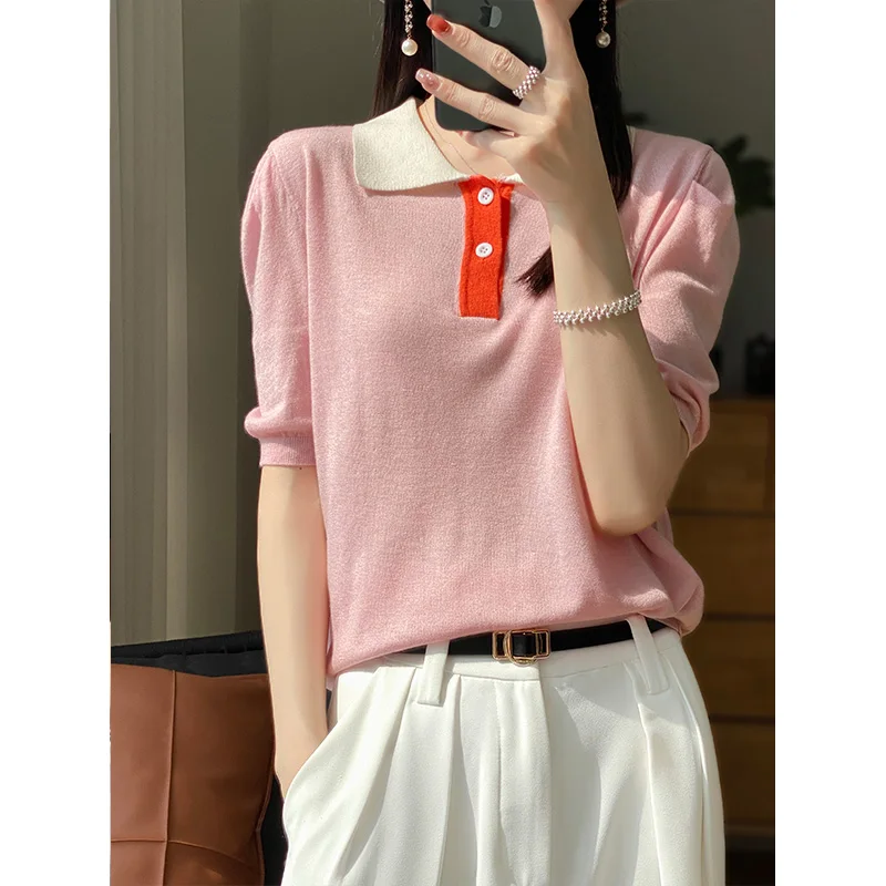 Women's Korean Version Wool Polo Collar Short Sleeved Knitted Sweater Thin Commuting Top, Loose Top, Inner Layer, Spring, New