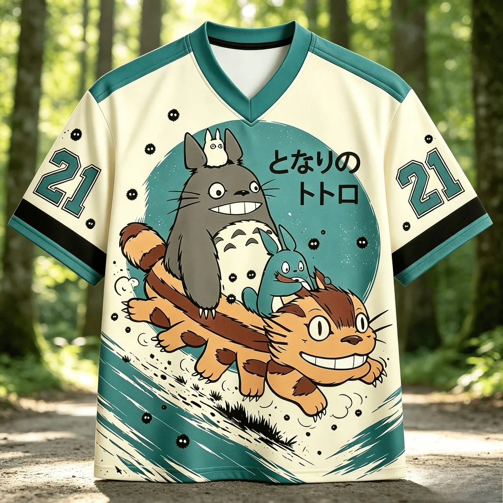 Cartoon Creature Cat Bus Graphic Print Men T‑Shirt Retro Anime Aesthetic Casual Short Sleeve Hip‑Hop Streetwear Jersey Tee Tops