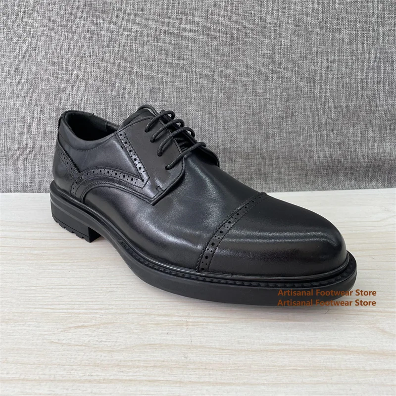 

Cowhide Carved Men's Leather Shoes Thick-Soled Lace Up Business Office Dress Shoes Black Leather British Style Men's Shoes