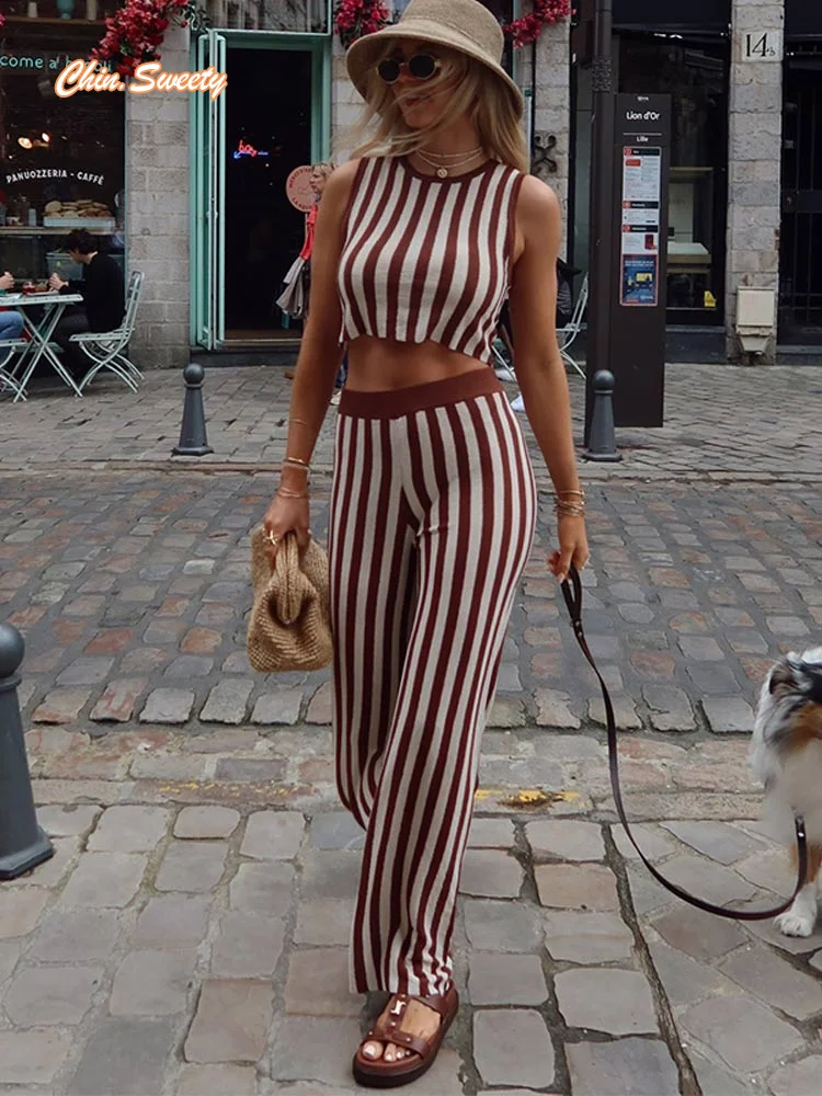 

Fashion Striped Printed Sleeveless O Neck Cropped Top Suit Women Causal Contrast High Waist Pants Set Lady Commute Streetwear