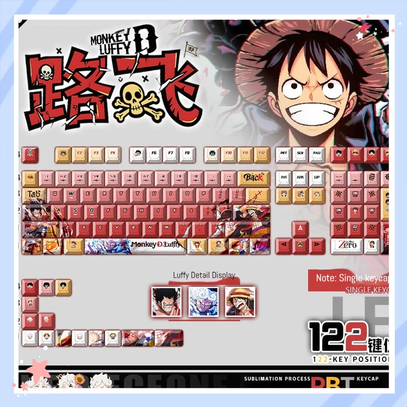 

Колпачки для клавиш Meow Meow Peripherals PBT с надписями сбоку, One Piece Monkey D. Luffy, 122 клавиши, сублимационная печать, для механической клавиатуры