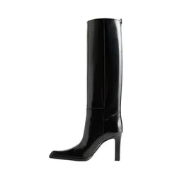 Arden Furtado 2024 Black Patent Leather Square heel Knee high boots Pointed toe Super high heel Patchwork Slip-On Modern boots