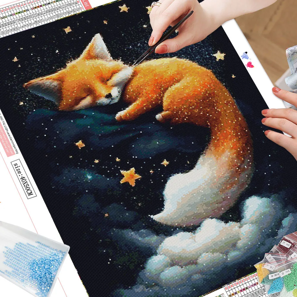 HUACAN Fox Diamond Painting New Square Rhinestones Animal 5D DIY Mosaic Moon Starry Sky Paintings For Interior