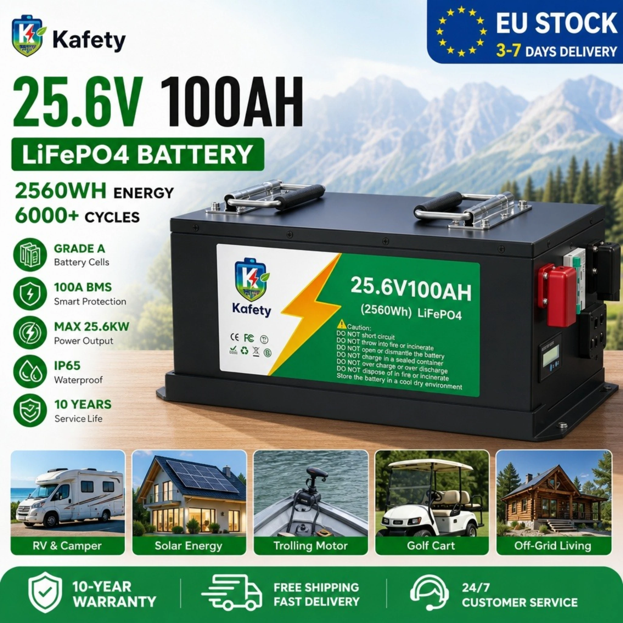 Batterie au lithium LiFePO4 Premium 12V 200Ah/24V 100Ah – BMS 100A, 6000+ cycles, pour solaire/VR/bateau/hors réseau – Expédition rapide UE, approuvée par les installateurs et les amateurs de plein air