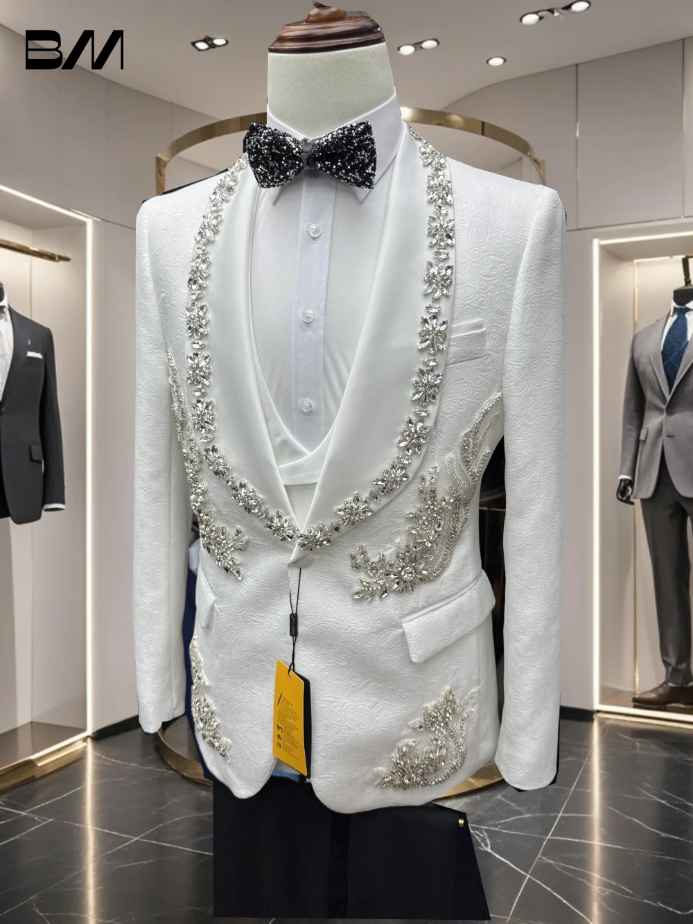 

Luxury Wedding Suit for Groom, 3-Piece Plus Size Crystals Formal Suits XS-3XL Jacket Vest Pants Set Jacquard Prom Party Suits