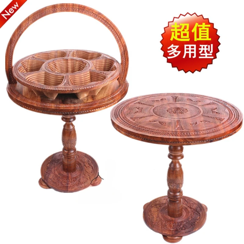 

Wood carving table, hand-carved antique solid wood coffee diameter 45cm