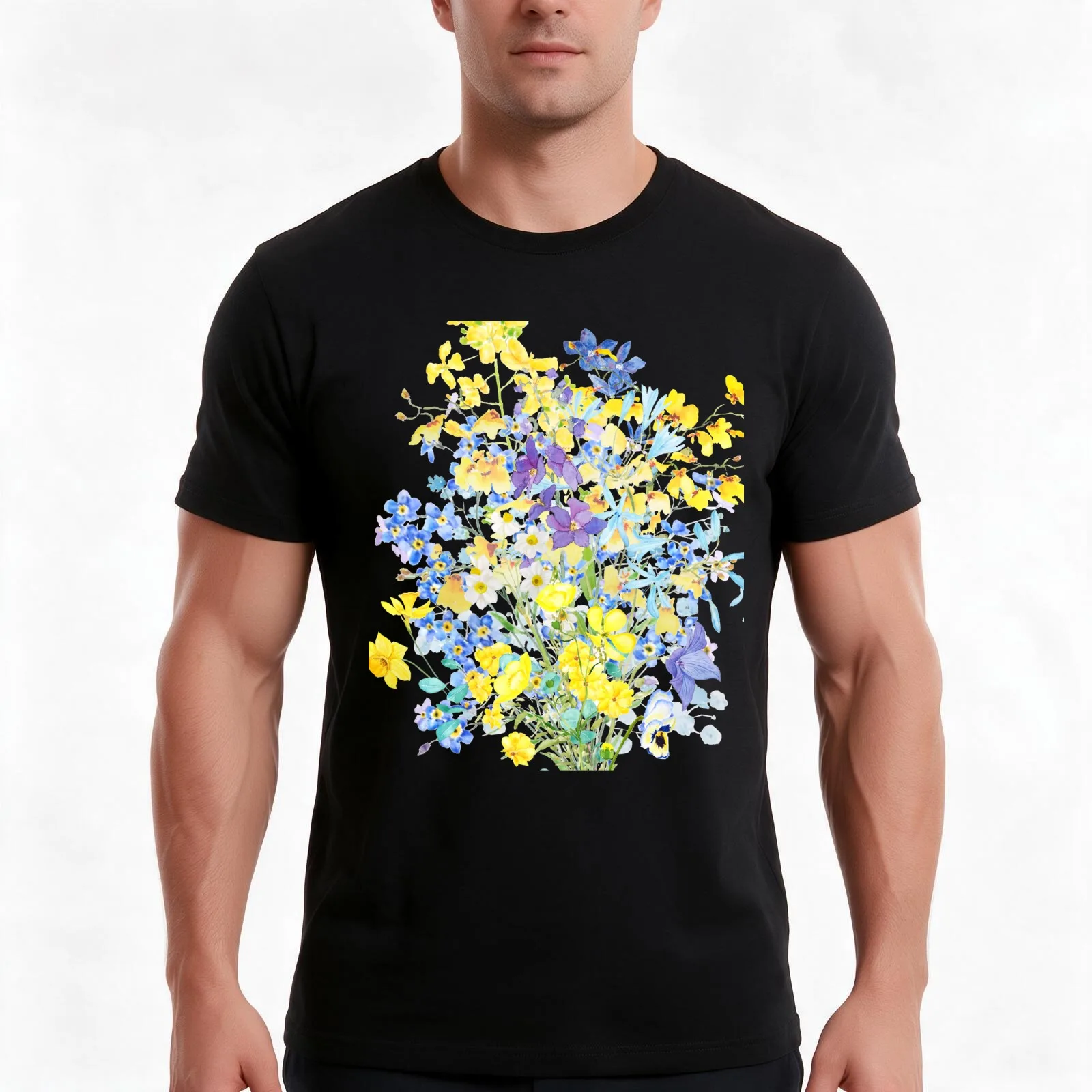 purple blue and yellow flowers bouquet watercolor T-Shirt, Summer Casual Cotton Tee, Oversized Streetwear Tops, Unisex Men Women