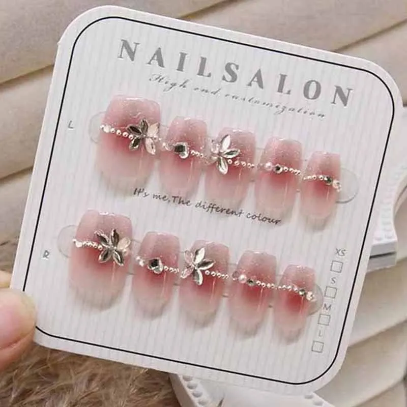 10 pezzi stile francese dolce carino fiori in rilievo 3D e farfalla con diamanti stampa fatta a mano sulle unghie unghie finte adesivo per unghie