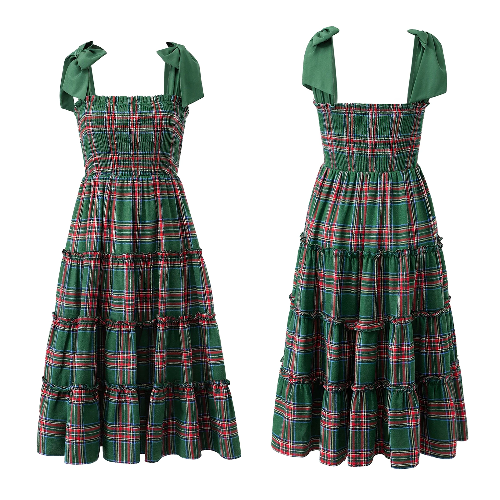 Vestido de retazos retro Vestido de mujer con hombros descubiertos Elegante vestido largo acampanado sin mangas con ribete de volantes a cuadros