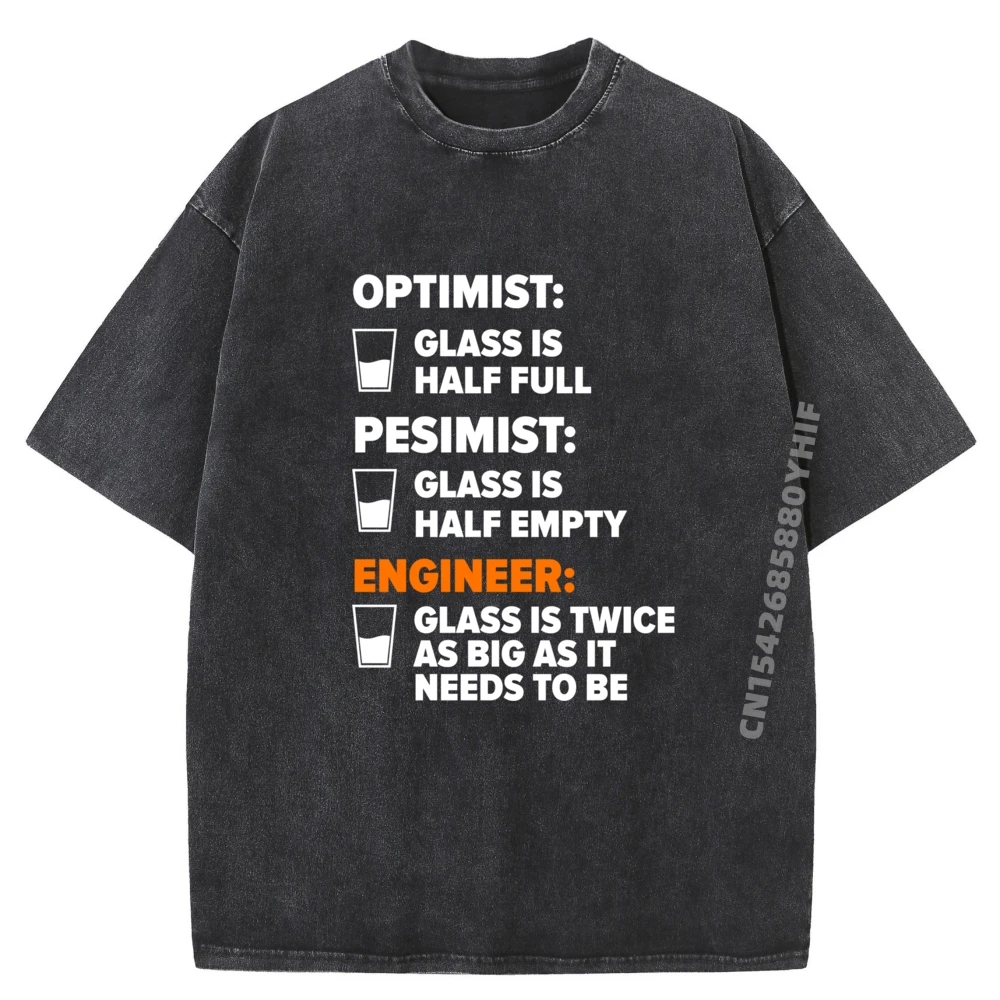 

Funny Engineering Joke Engineer Half Full Glass Streetwear Designer Clothes Men Oversized Washed Shirt
