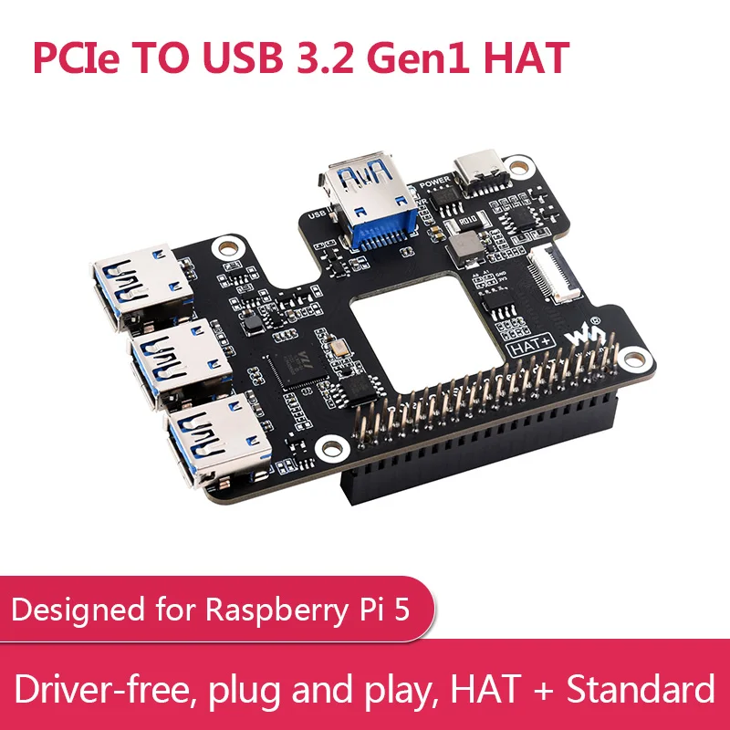 

PCIe TO USB 3.2 Gen1 HAT Designed for Raspberry Pi 5 Driver-free, plug and play, HAT+ Standard for RPI 5