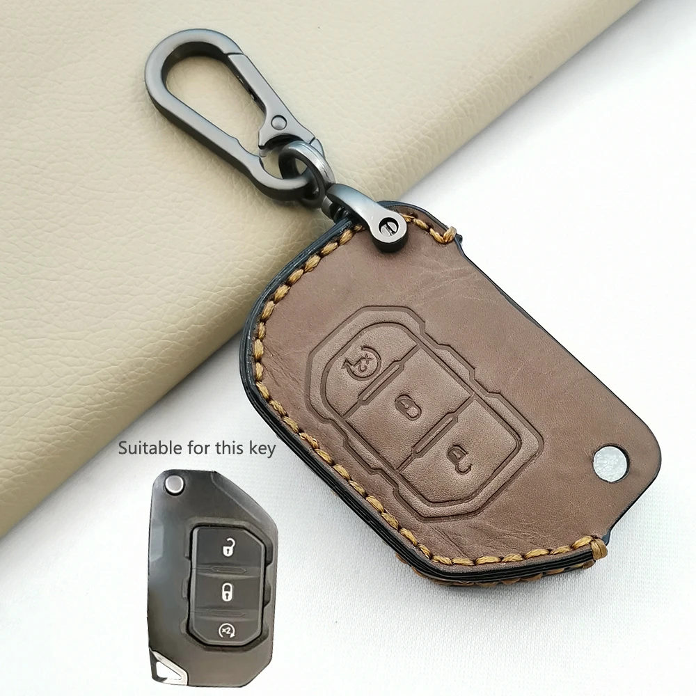 For Jeep Wrangler JL 2018-2021 Gladiator JT Hot Soft Texture Crazy Horse Leather Car Key Case 3 Buttons Full Protection Cover