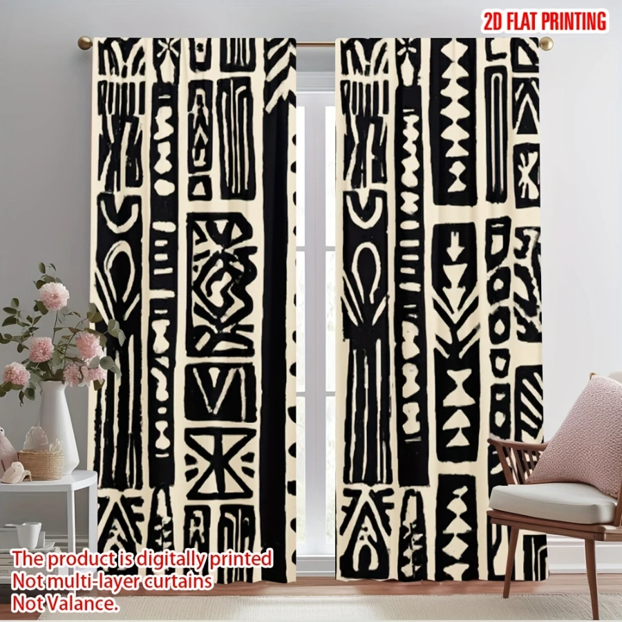 2PCS Digital Printed Curtains, Tribal Totem Symbol Primitive Ancient, Modern Home Decor Style for Living Room Bedroom Decor