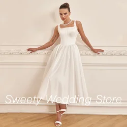 Sexy Satin Wedding Dress Sleeveless Square Neck Pocket Bridal Gown Tea Length Simple Corset Bride Dresses Backless Custom Color