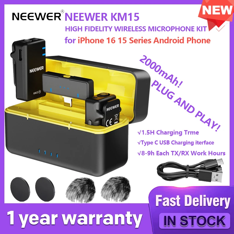 NEEWER KM15 Wireless Microphone For iPhone Camera Lavalier Microphone with Quick noise-Cancellation 200m Range Lossless Audio