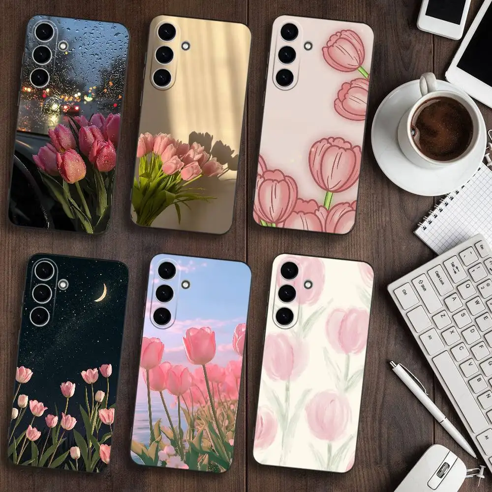 삼성 갤럭시 A73,A72,A71,A70,A53,A52,A51용 T-튤립 전화 케이스, 부드러운 실리콘 블랙 커버