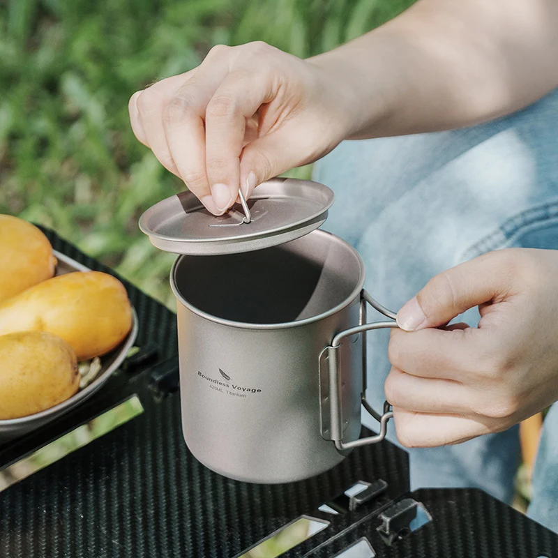 Viagem ilimitada-Copo de titânio com tampa, copos de água ao ar livre, caneca de acampamento, 420ml