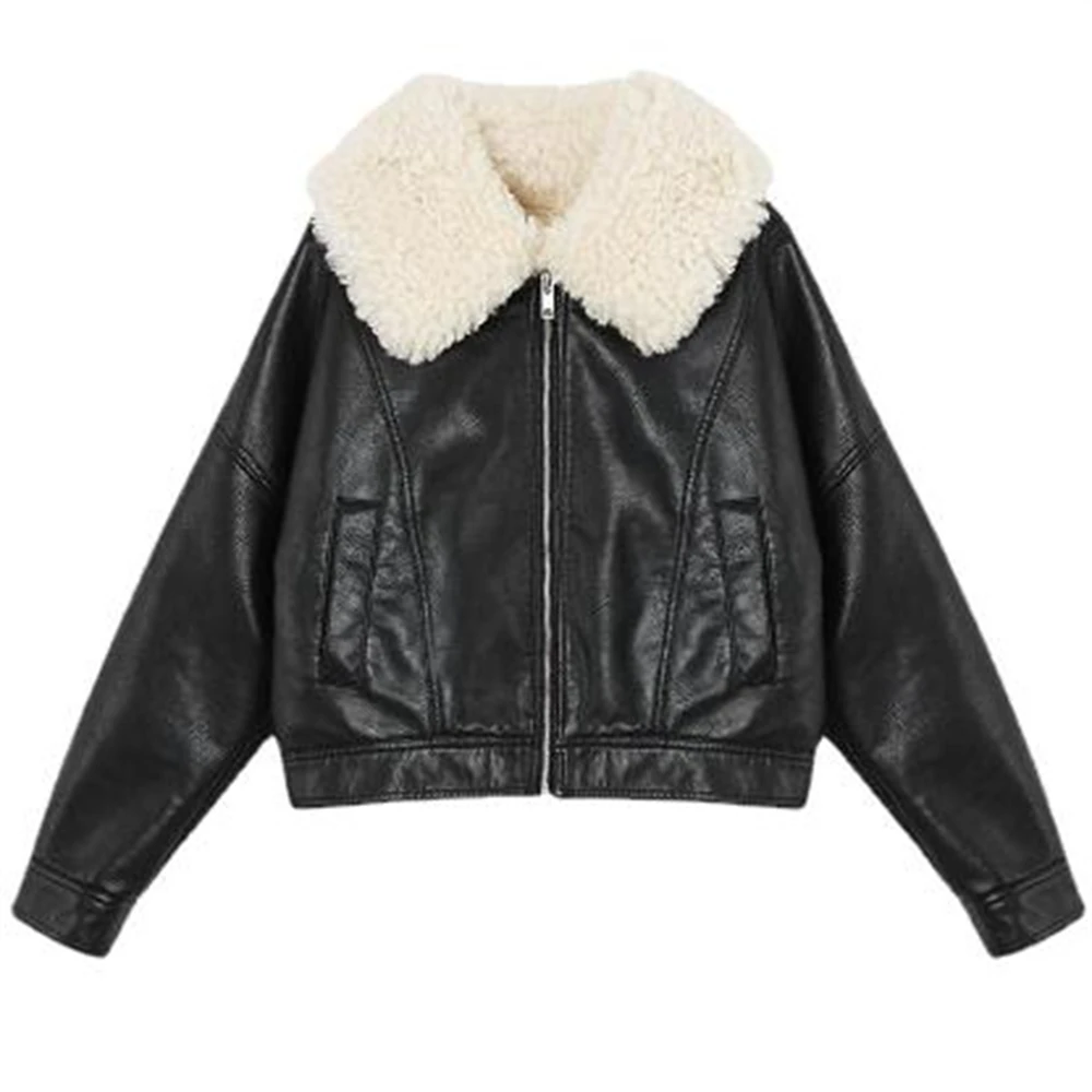 Women's PU Leather Fur Jacket Female Short Coats Fleece Coats Thick Outerwear Warm Clothing Black PU Tops Winter