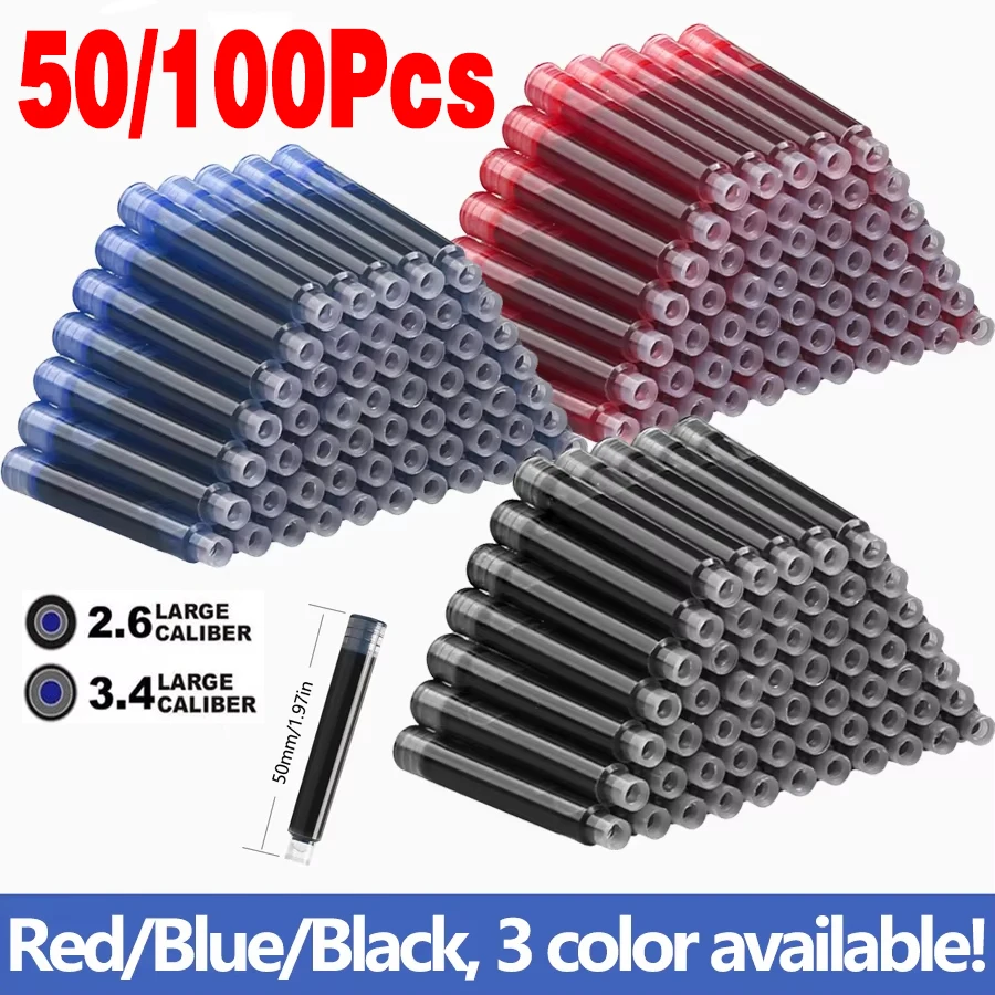 

50/100pcs Fountain Pen Ink Cartridges Set - Black Blue Red 2.6/3.4mm High Quality Refill for Smooth Writing Bore Diameter