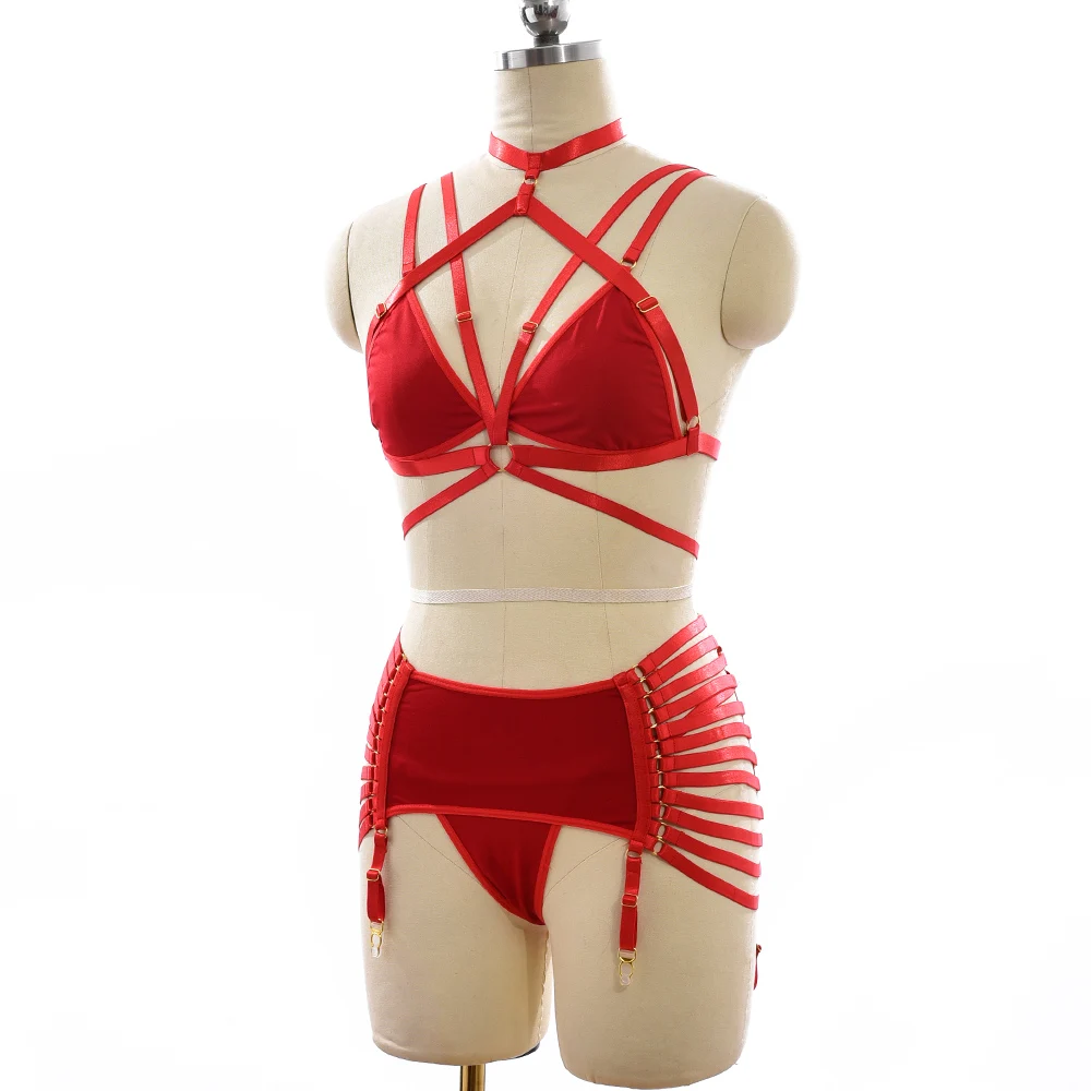 Women Crop Top Harness Cage Bra Bondage Clip Stocking High Waist Belt Leg Garter Elastic G-String Briefs Sexy Lingerie Set