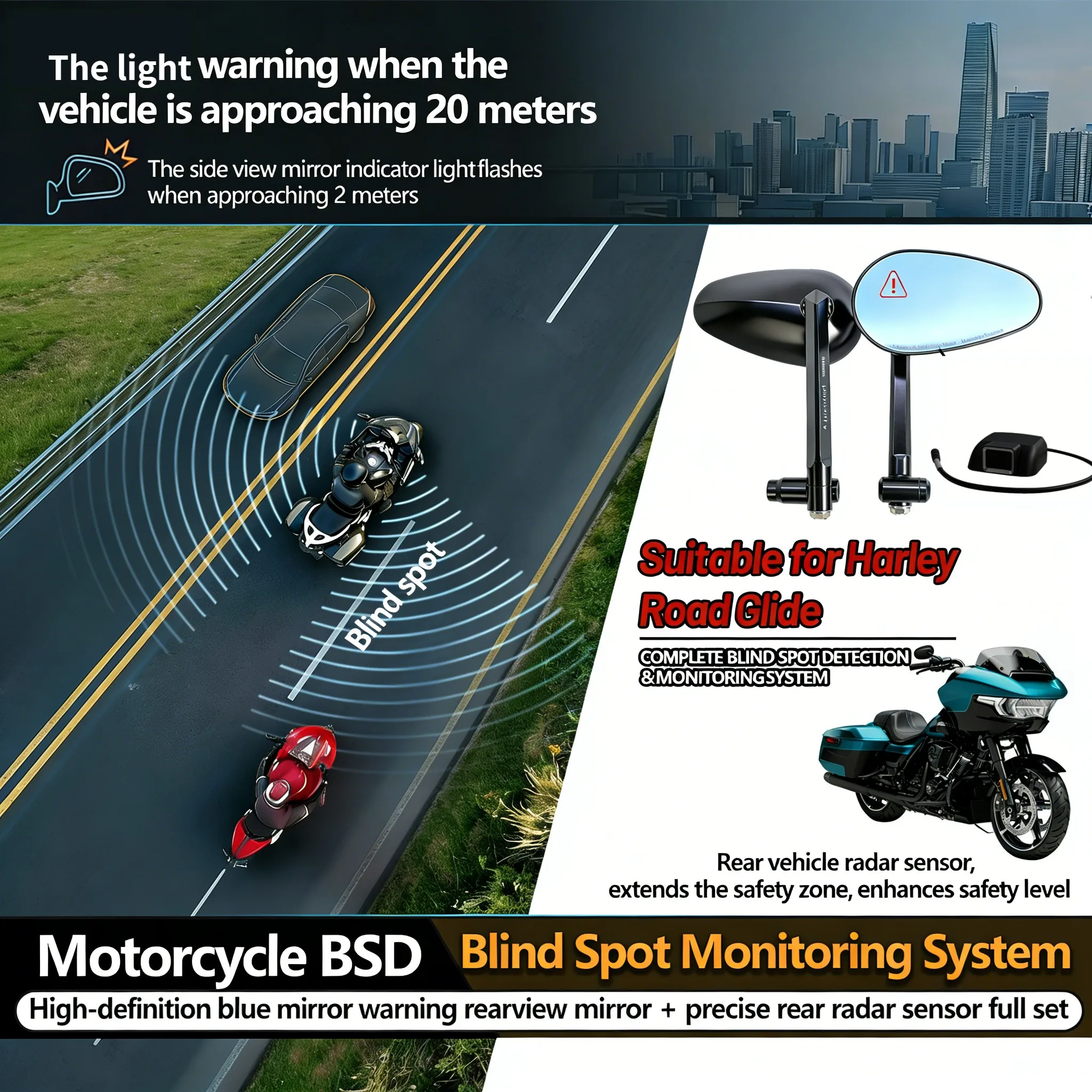 

For Harley Road Glide with Lane Change Assist System Blind Spot Detection System Motorcycle Rearview Mirror Moto Safety Kit