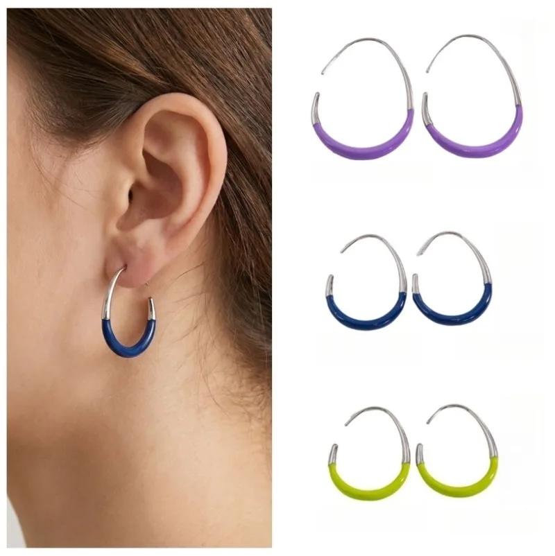 Vibrant Two Tone Enamel Open C Hoop Earrings Stainless Steel Colorful Contrast Women Party Decor Earrings
