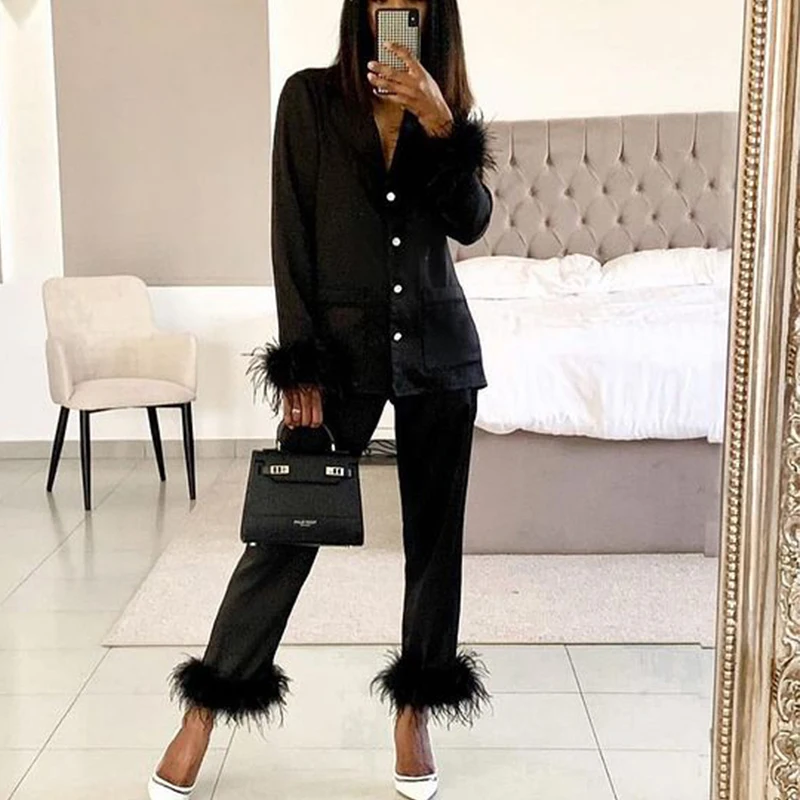 Feather Elegant Pure Color Suit Two-piece Chic Lapel Detail Casual Suit Long Sleeve Button Top and Slim Pants Suit Street Wear