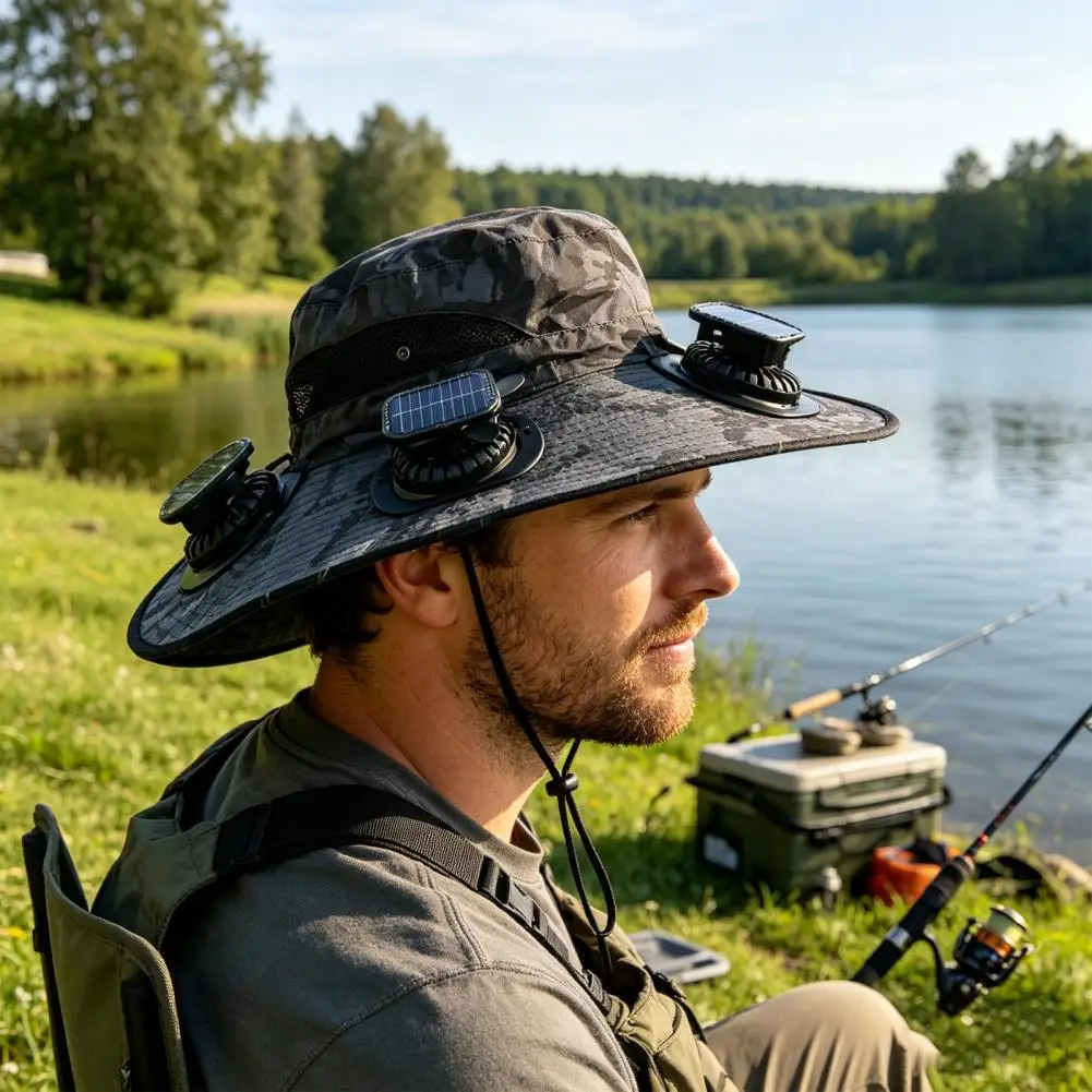 Camping Hat Portable Sun Hat with Built-in Fan Solar Powered Outdoor Cap Upf 50 Breathable Wide Brim Hat for Hiking Camping