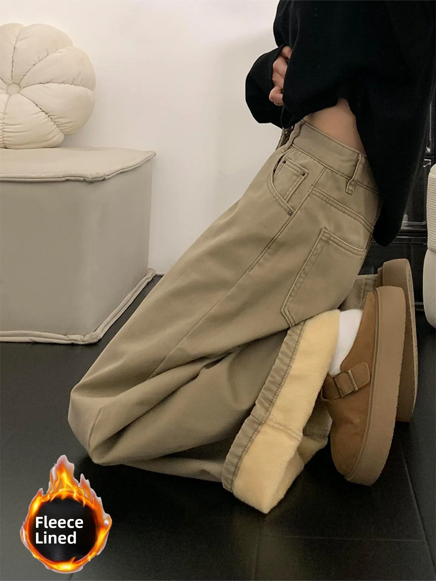 

Американские широкие джинсы цвета хаки на подкладке, женские осенне-зимние новые прямые длинные брюки с высокой талией для похудения в стиле ретро