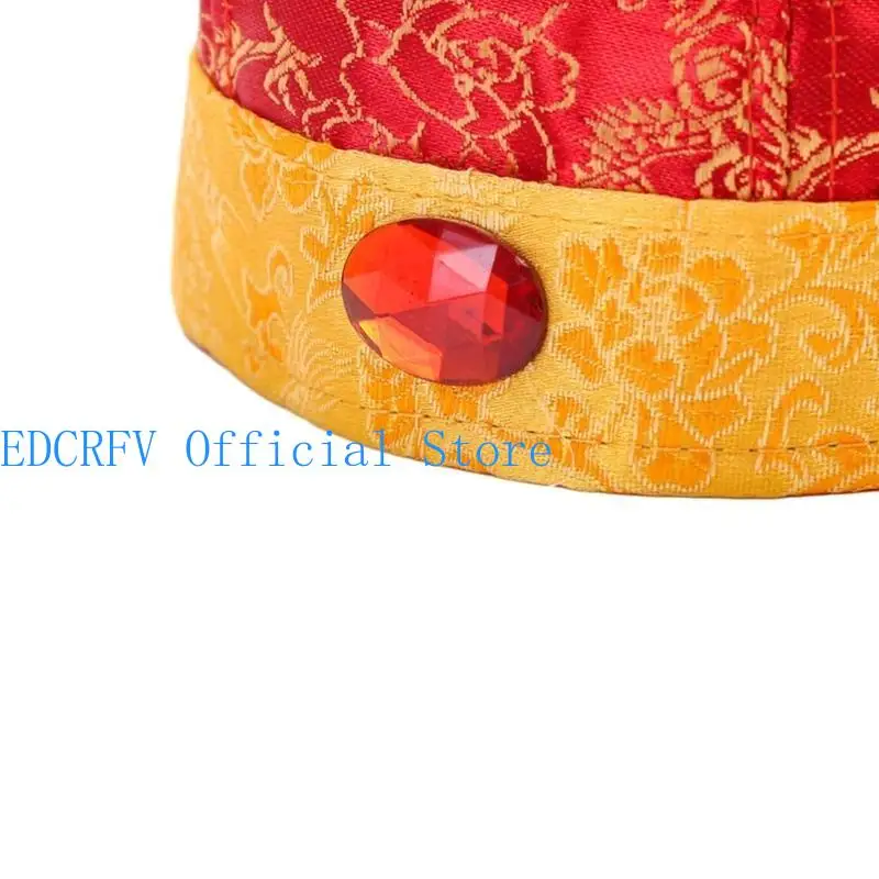 

652F Chinese Oriental Hat with Ponytail Decorative Ancient Asian Hat Qing Emperors Hat Stage Performances Props for Theater