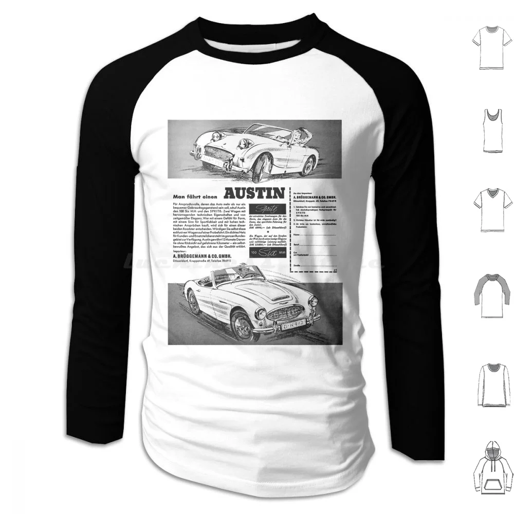 Austin Healey Sprite-Advert Hoodie Cotton Long Sleeve Frogeye Bugeye Austin Healey Frogeye Sprite Midget Sprite Austin