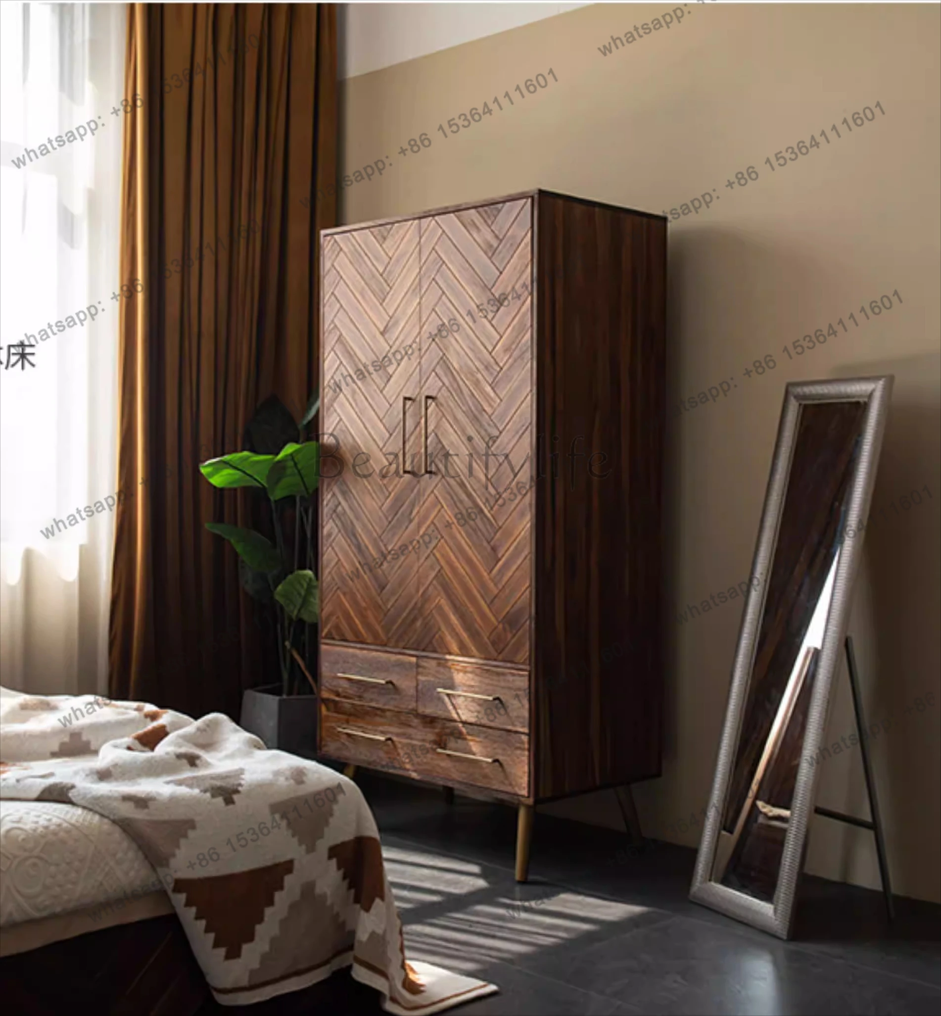 

Solid wood home retro Nordic modern simple small apartment bedroom light luxury storage cabinet large wardrobe